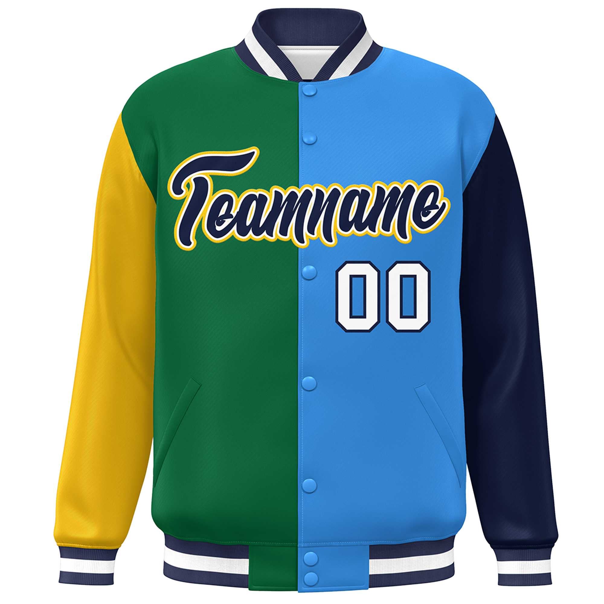 Custom Gold Kelly Green Powder Blue-Navy Color Block Bomber Varsity Full-Snap Baseball Jacket