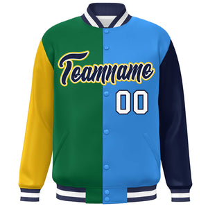 Custom Gold Kelly Green Powder Blue-Navy Color Block Bomber Varsity Full-Snap Baseball Jacket