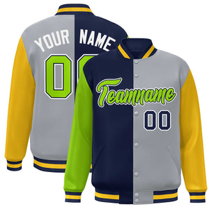 Custom Neon Green Navy Gray-Gold Color Block Bomber Varsity Full-Snap Baseball Jacket