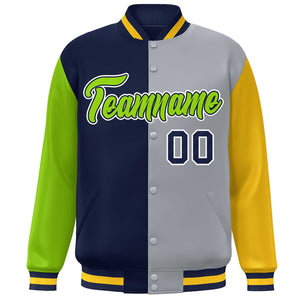 Custom Neon Green Navy Gray-Gold Color Block Bomber Varsity Full-Snap Baseball Jacket