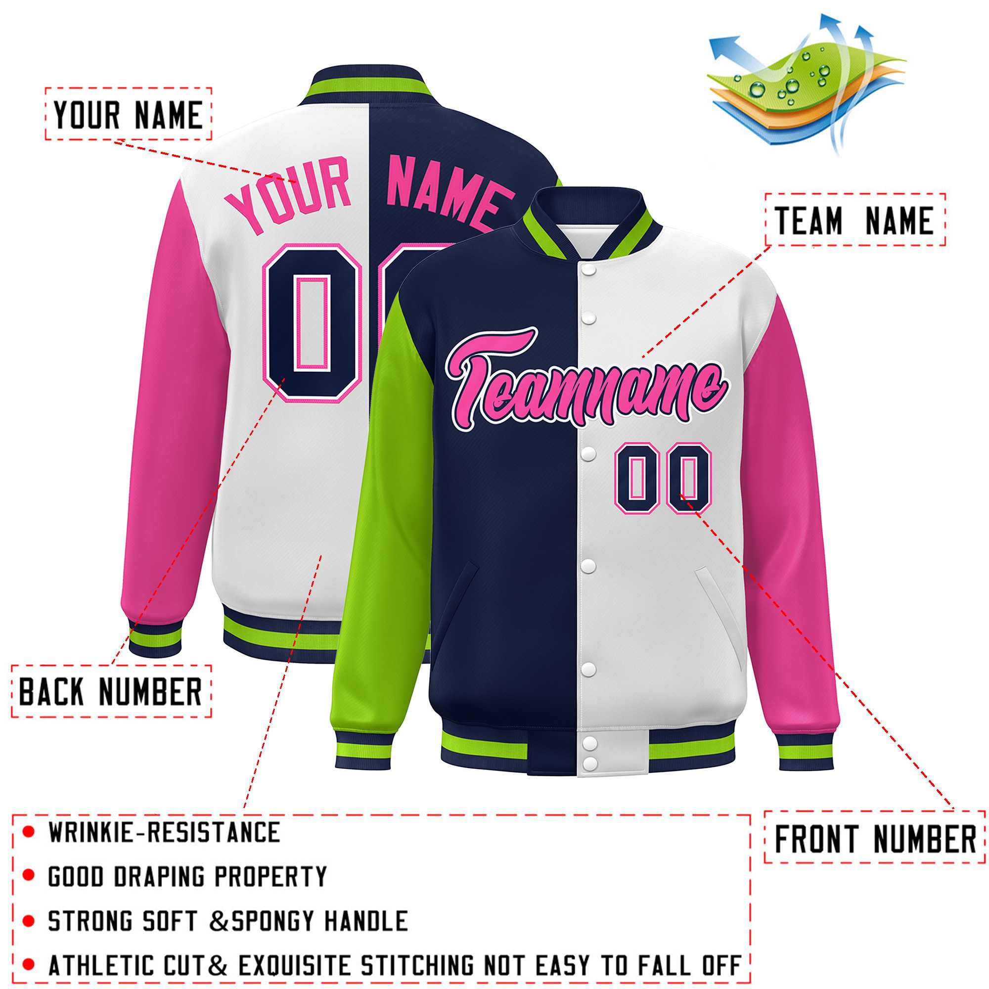 Custom Neon Green Navy White-Pink Color Block Bomber Varsity Full-Snap Baseball Jacket