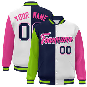 Custom Neon Green Navy White-Pink Color Block Bomber Varsity Full-Snap Baseball Jacket