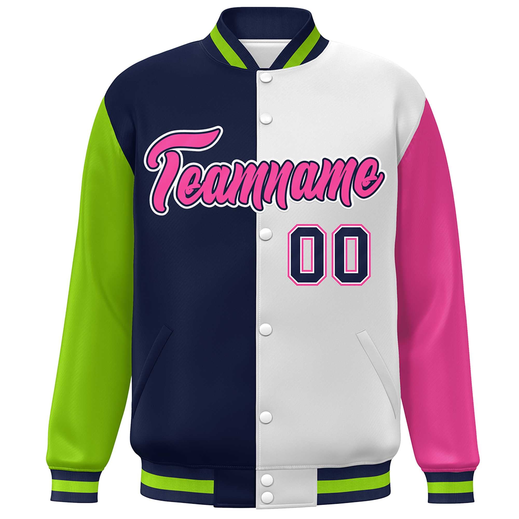 Custom Neon Green Navy White-Pink Color Block Bomber Varsity Full-Snap Baseball Jacket