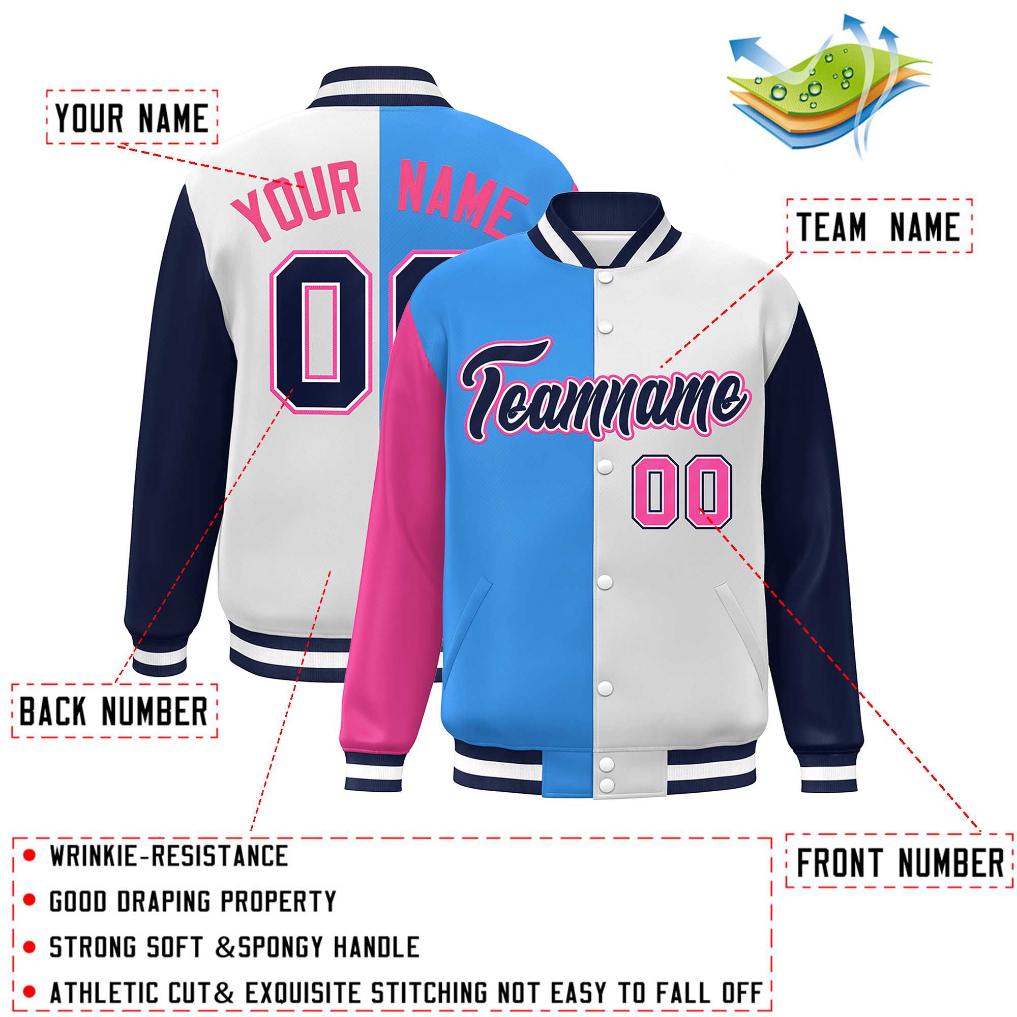 Custom Pink Powder Blue White-Navy Color Block Bomber Varsity Full-Snap Baseball Jacket