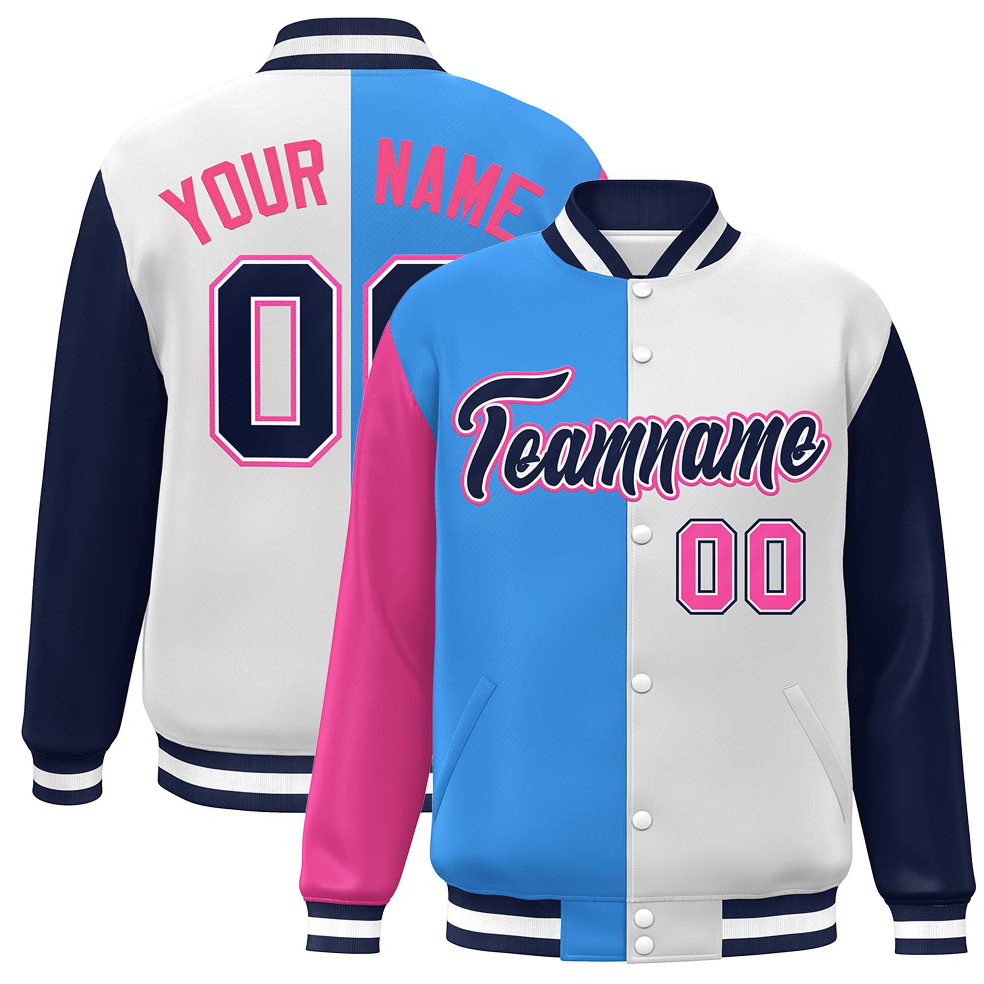 Custom Pink Powder Blue White-Navy Color Block Bomber Varsity Full-Snap Baseball Jacket