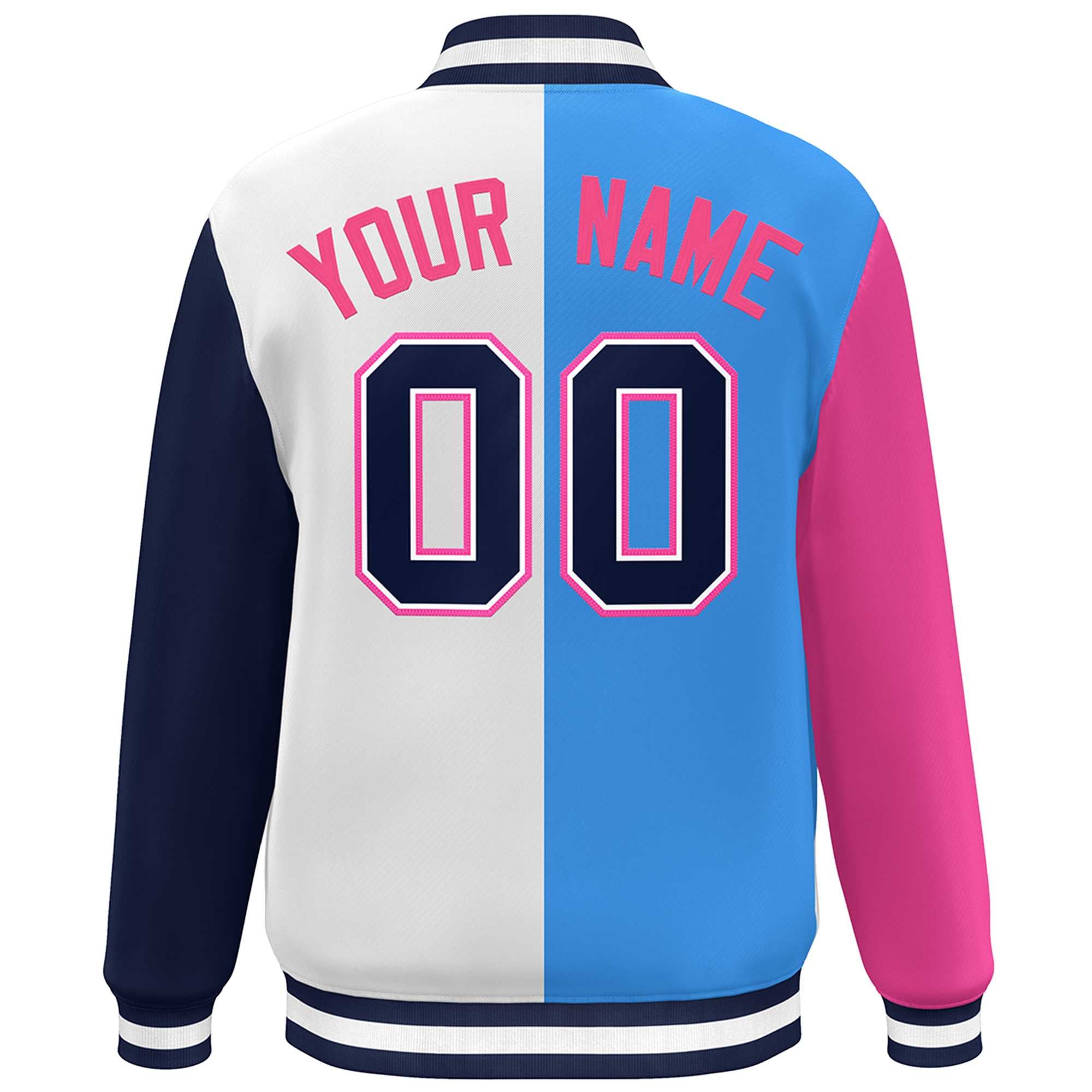 Custom Pink Powder Blue White-Navy Color Block Bomber Varsity Full-Snap Baseball Jacket