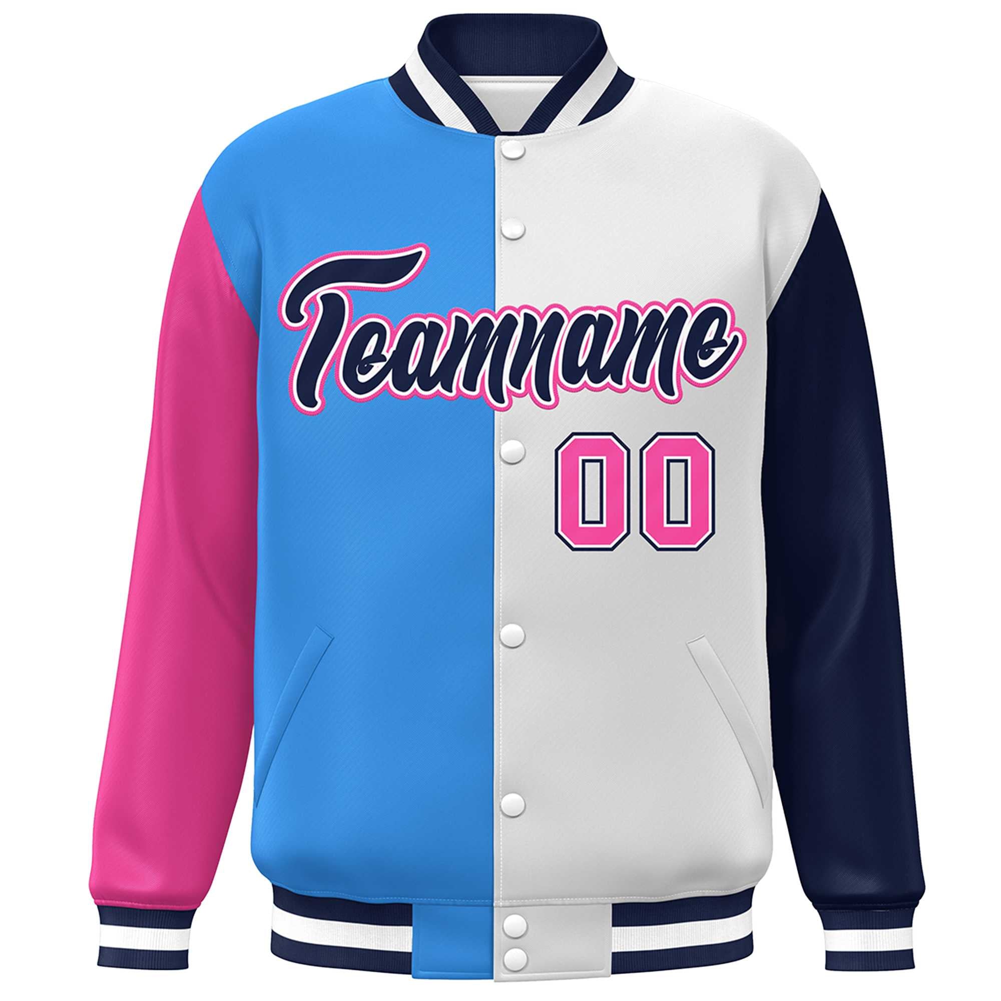 Custom Pink Powder Blue White-Navy Color Block Bomber Varsity Full-Snap Baseball Jacket