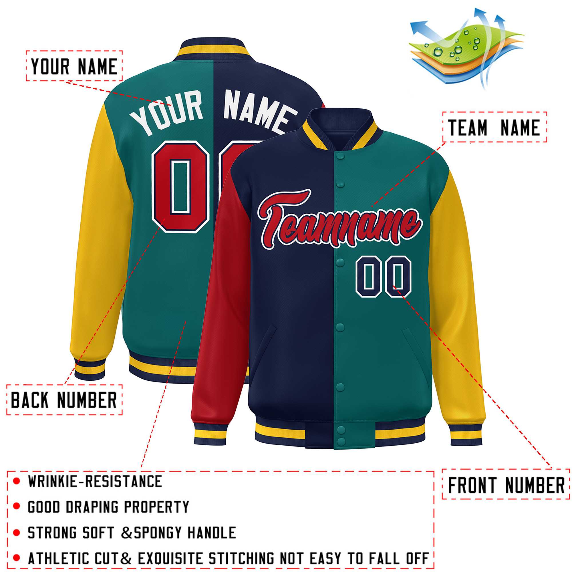 Custom Red Navy Aqua-Gold Color Block Bomber Varsity Full-Snap Baseball Jacket