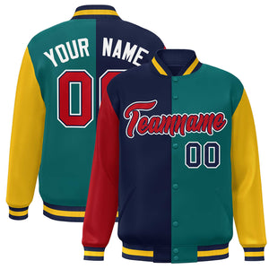 Custom Red Navy Aqua-Gold Color Block Bomber Varsity Full-Snap Baseball Jacket