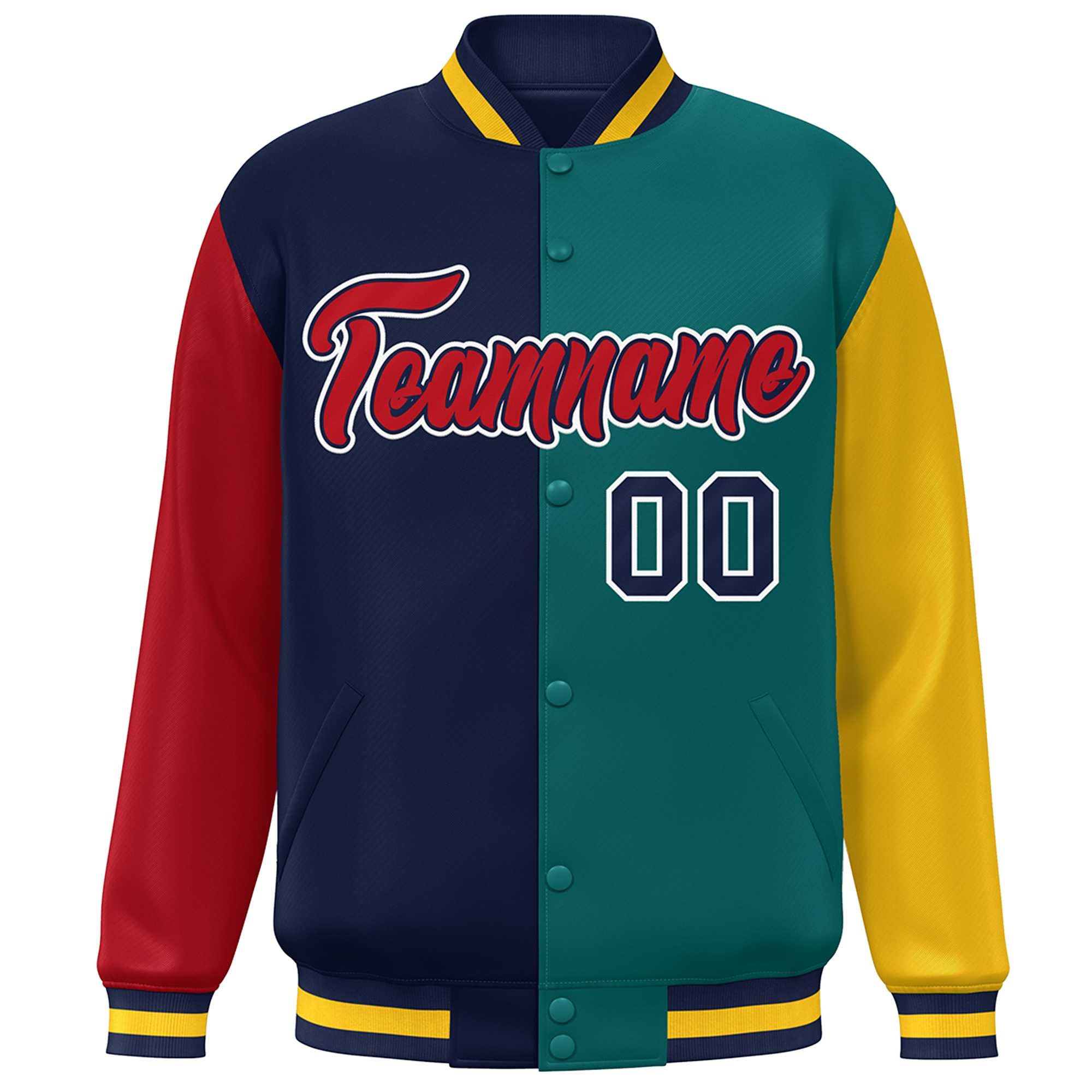 Custom Red Navy Aqua-Gold Color Block Bomber Varsity Full-Snap Baseball Jacket