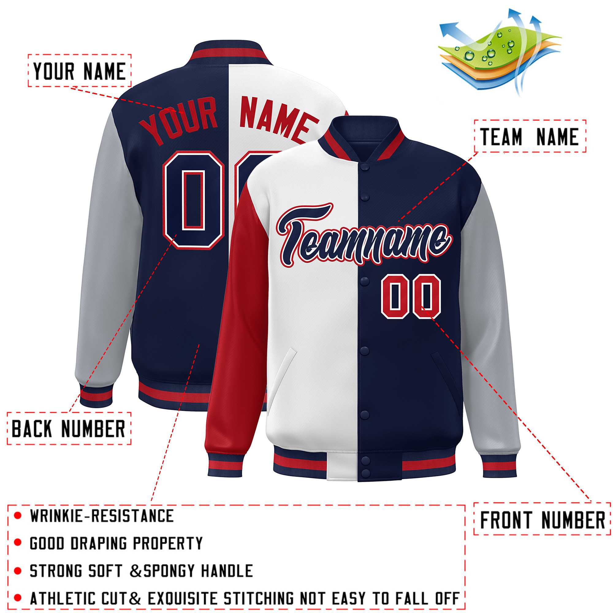 Custom Red White Navy-Gray Color Block Bomber Varsity Full-Snap Baseball Jacket