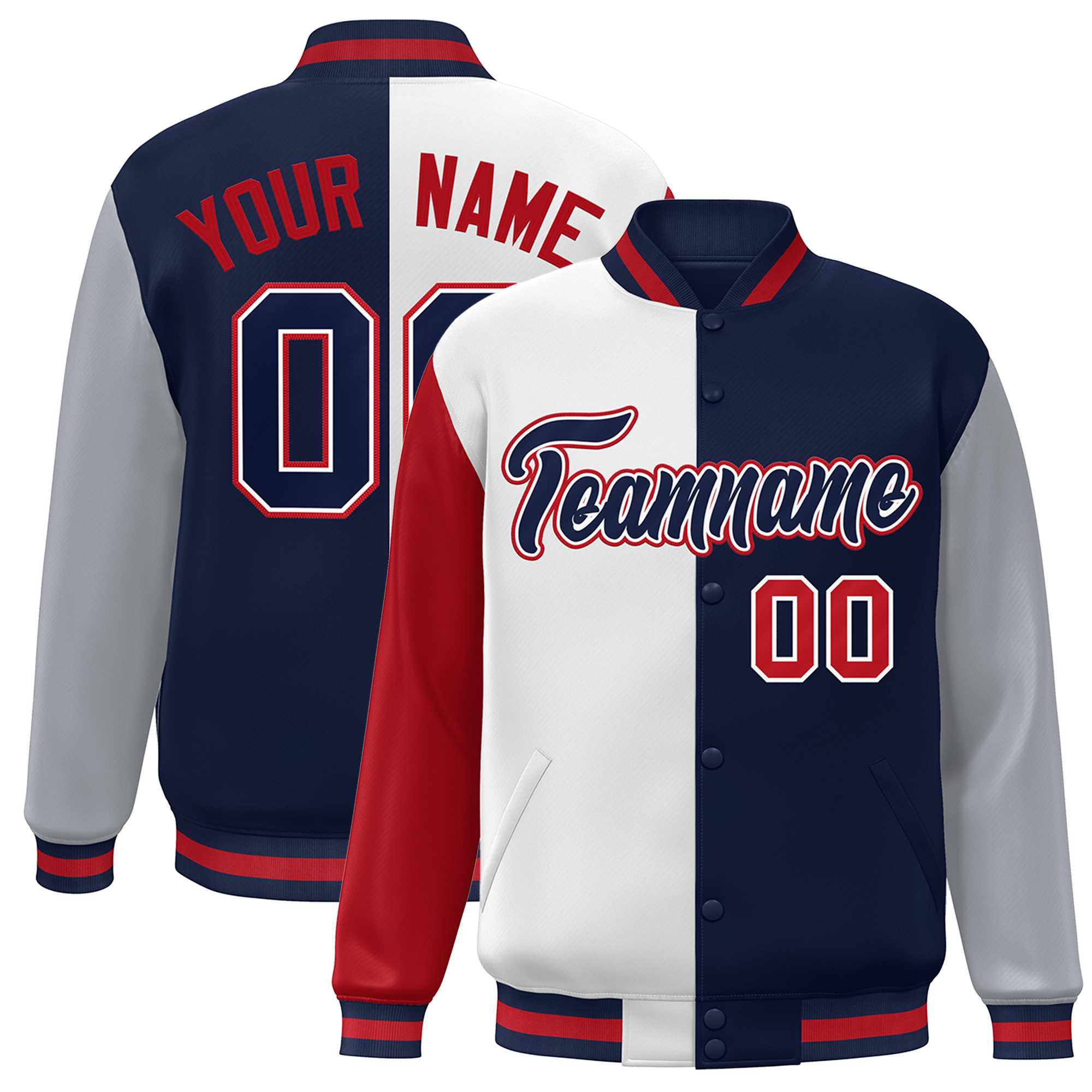 Custom Red White Navy-Gray Color Block Bomber Varsity Full-Snap Baseball Jacket