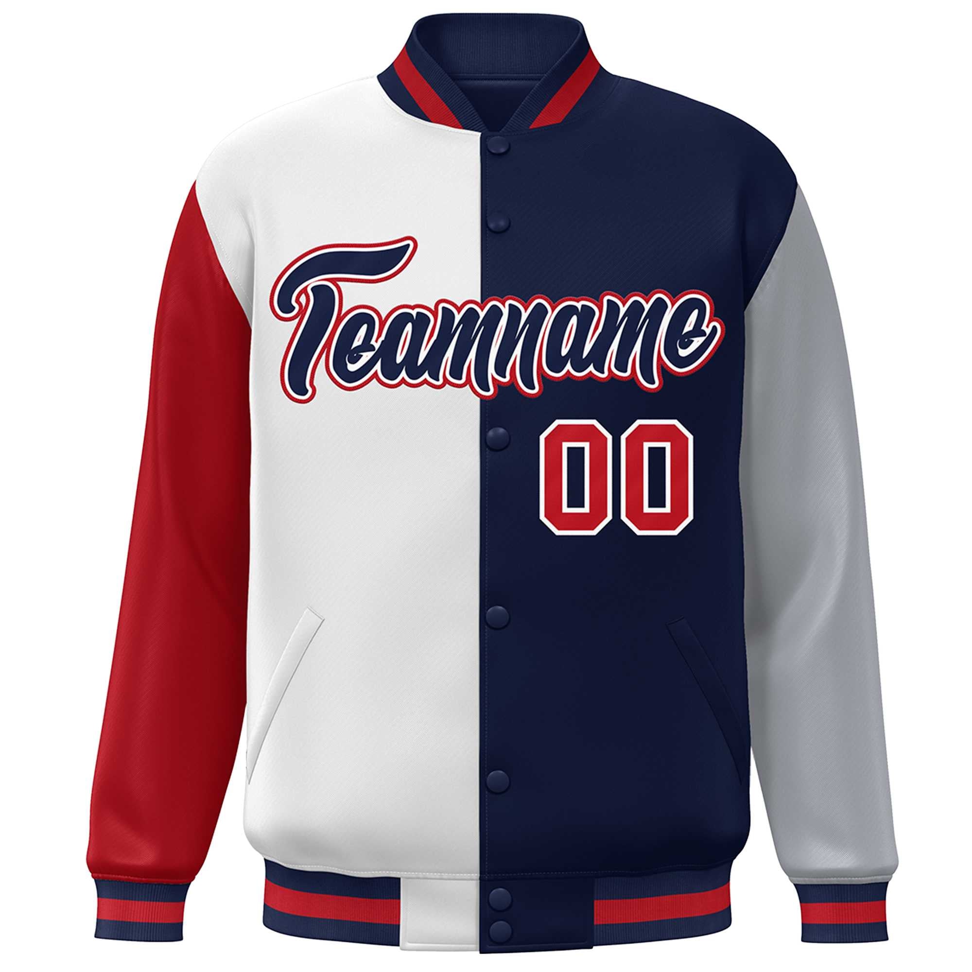 Custom Red White Navy-Gray Color Block Bomber Varsity Full-Snap Baseball Jacket