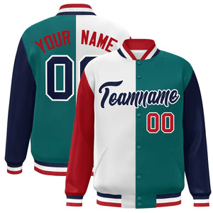 Custom Red White Aqua-Navy Color Block Bomber Varsity Full-Snap Baseball Jacket