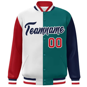 Custom Red White Aqua-Navy Color Block Bomber Varsity Full-Snap Baseball Jacket