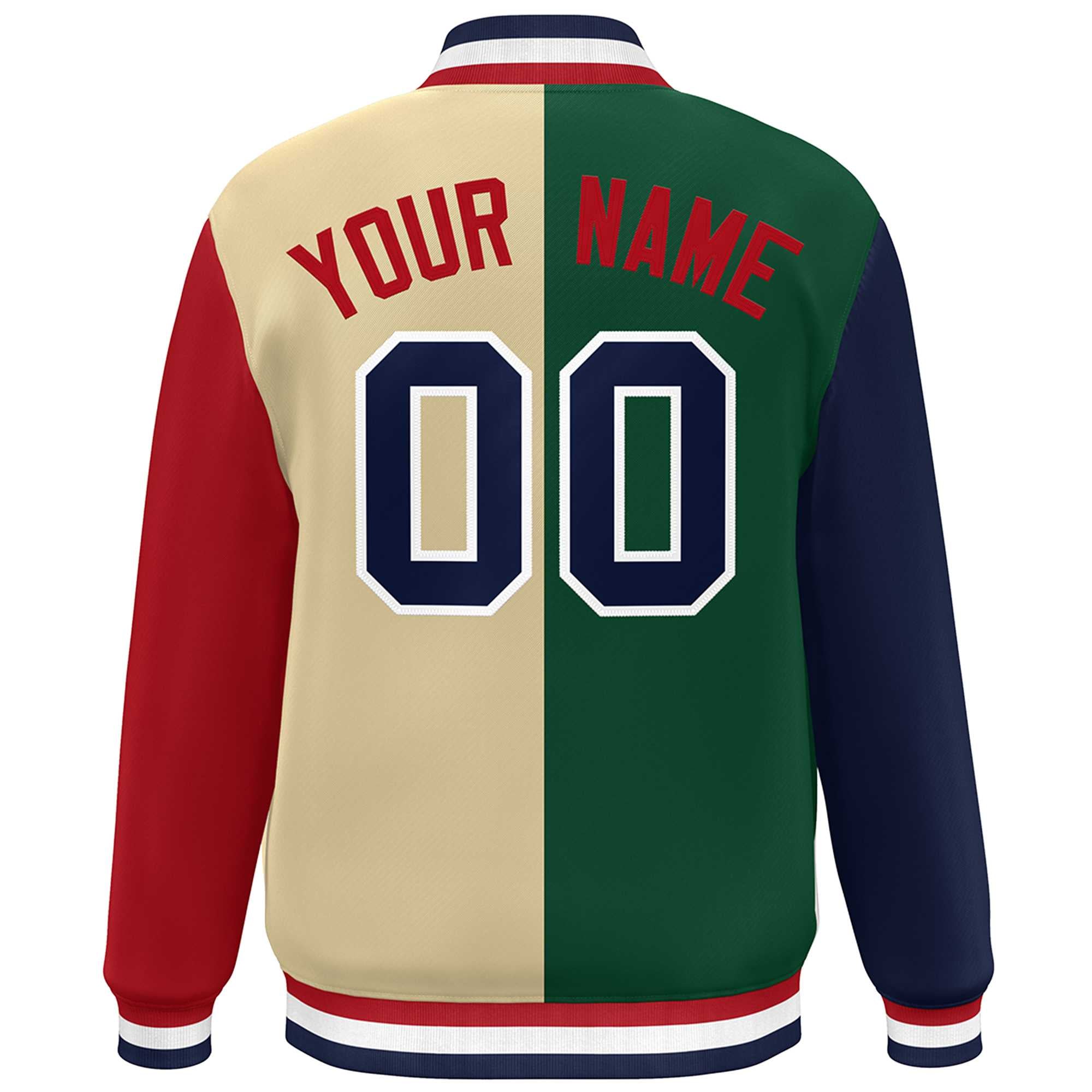 Custom Navy Green Khaki-Red Color Block Bomber Varsity Full-Snap Baseball Jacket