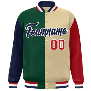 Custom Navy Green Khaki-Red Color Block Bomber Varsity Full-Snap Baseball Jacket