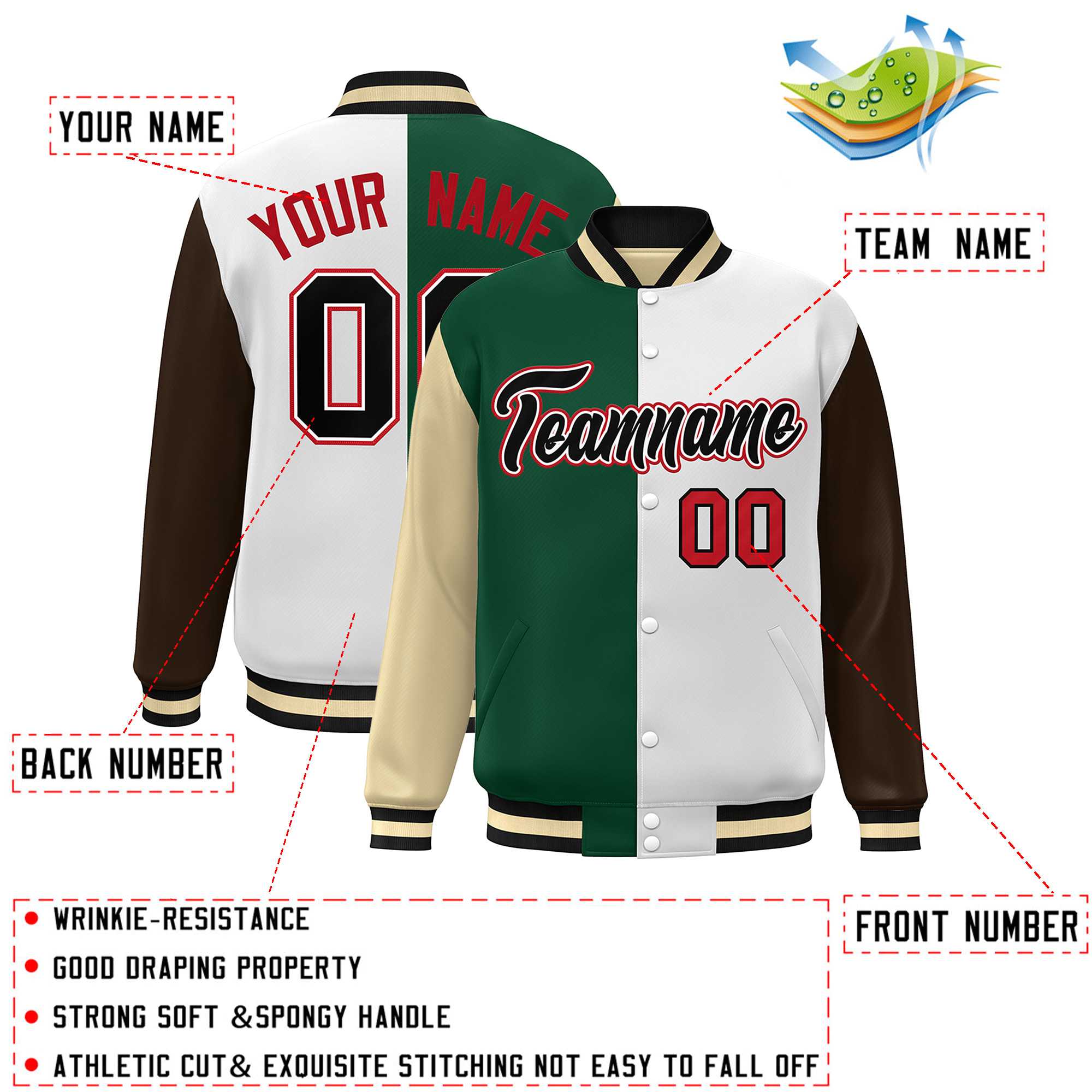 Custom Khaki Green White-Brown Color Block Bomber Varsity Full-Snap Baseball Jacket