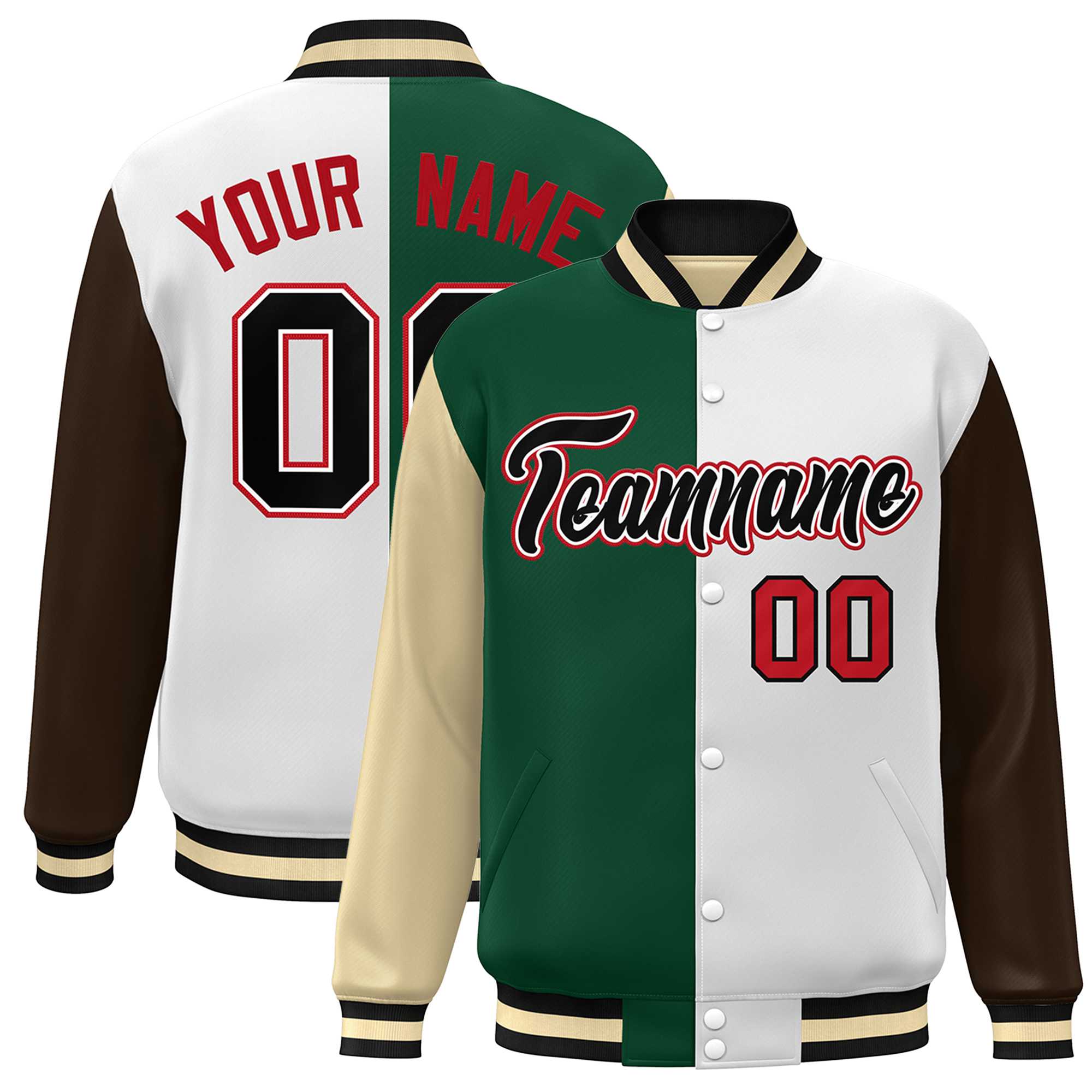 Custom Khaki Green White-Brown Color Block Bomber Varsity Full-Snap Baseball Jacket