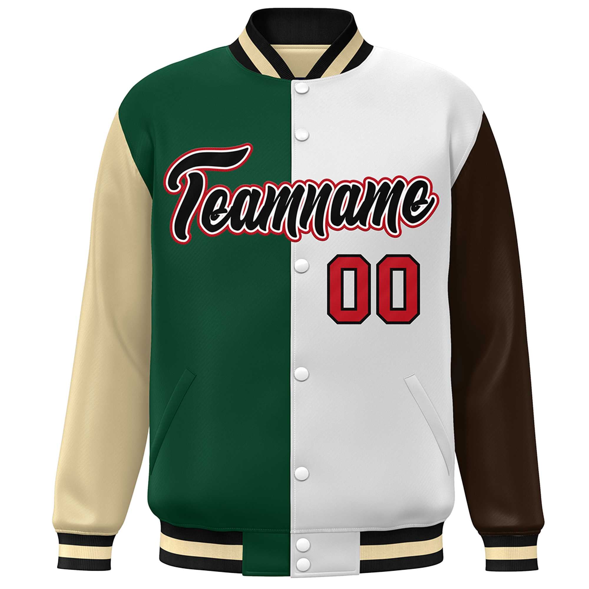 Custom Khaki Green White-Brown Color Block Bomber Varsity Full-Snap Baseball Jacket