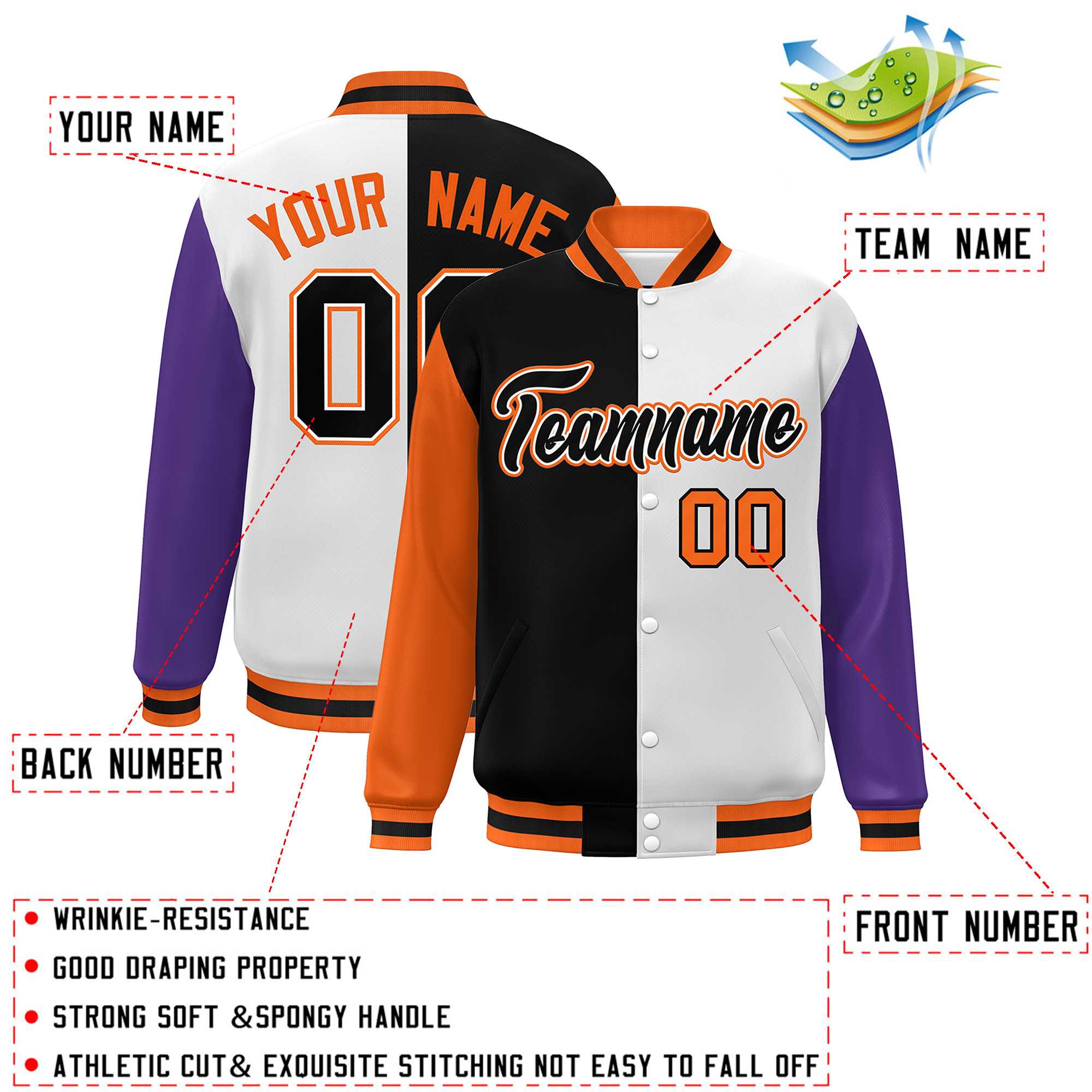 Custom Orange Black White-Purple Color Block Bomber Varsity Full-Snap Baseball Jacket