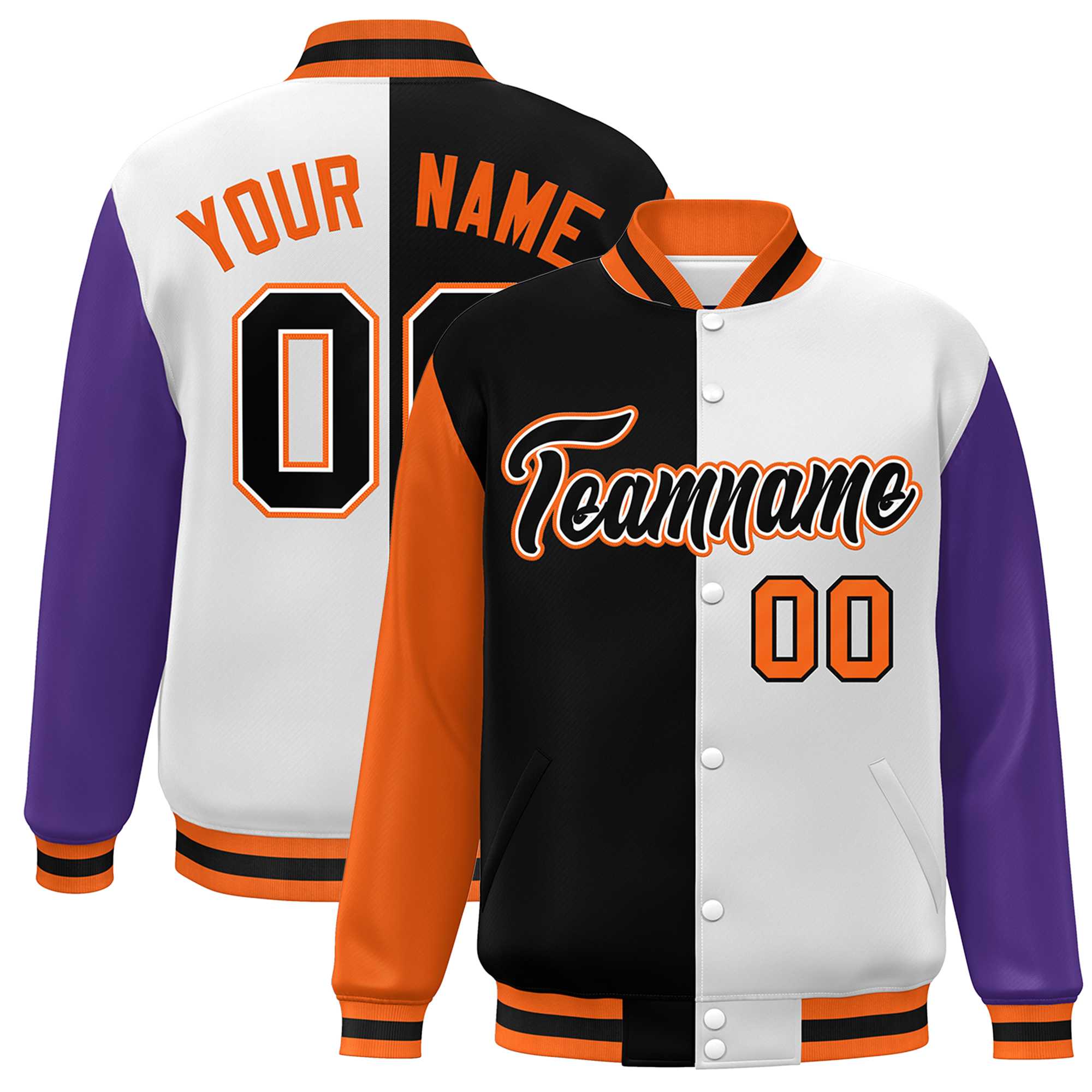 Custom Orange Black White-Purple Color Block Bomber Varsity Full-Snap Baseball Jacket