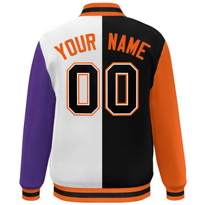 Custom Orange Black White-Purple Color Block Bomber Varsity Full-Snap Baseball Jacket