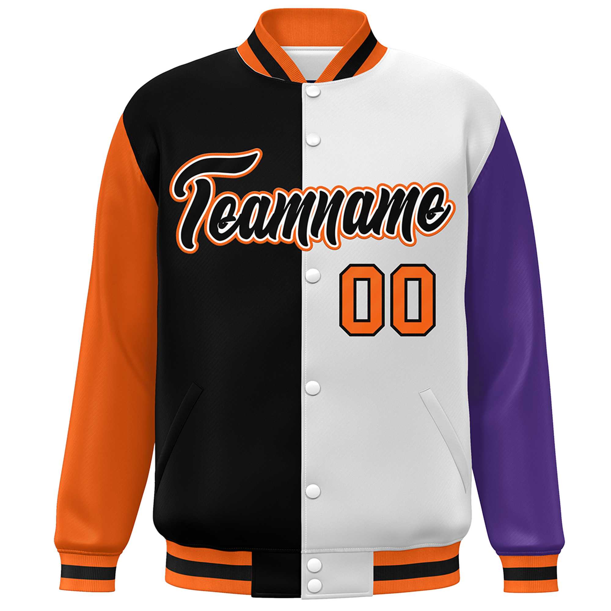 Custom Orange Black White-Purple Color Block Bomber Varsity Full-Snap Baseball Jacket