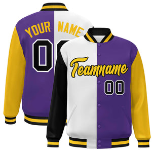 Custom Black White Purple-Gold Color Block Bomber Varsity Full-Snap Baseball Jacket