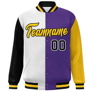 Custom Black White Purple-Gold Color Block Bomber Varsity Full-Snap Baseball Jacket