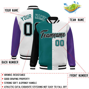 Custom Black Aqua White-Purple Color Block Bomber Varsity Full-Snap Baseball Jacket