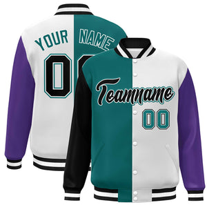 Custom Black Aqua White-Purple Color Block Bomber Varsity Full-Snap Baseball Jacket