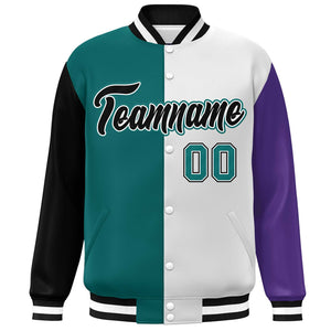 Custom Black Aqua White-Purple Color Block Bomber Varsity Full-Snap Baseball Jacket