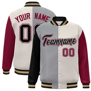 Custom Black Gray Khaki-Crimson Color Block Bomber Varsity Full-Snap Baseball Jacket