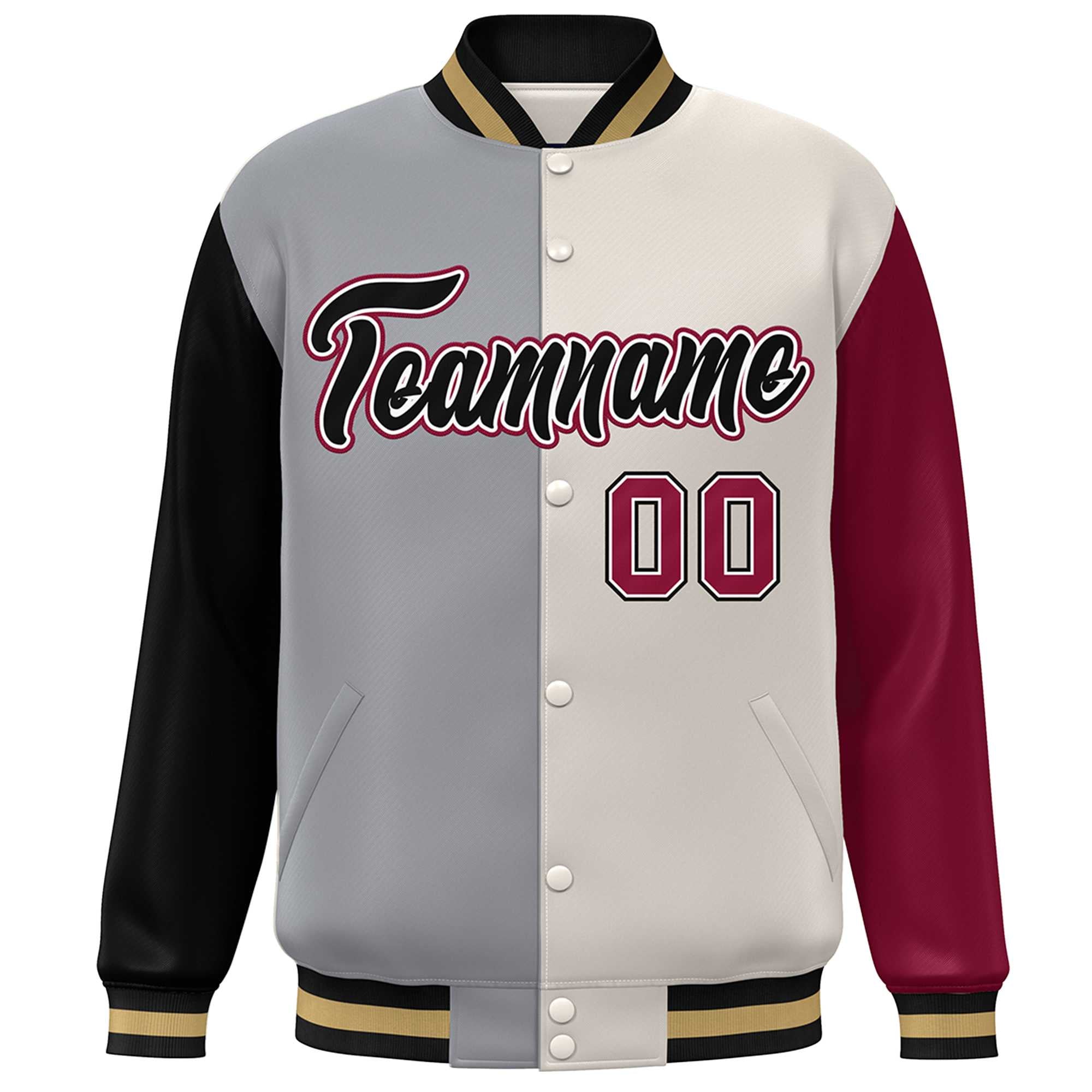 Custom Black Gray Khaki-Crimson Color Block Bomber Varsity Full-Snap Baseball Jacket