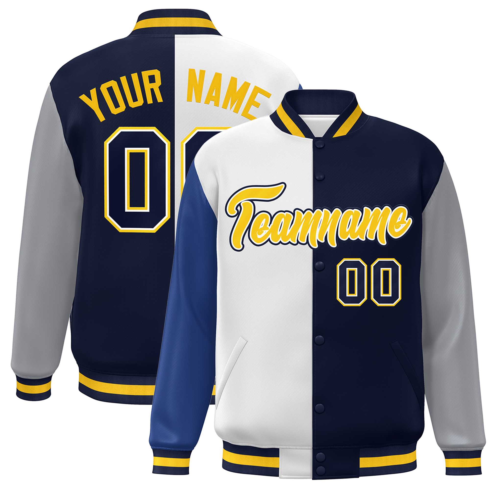 Custom Royal White Navy-Gray Color Block Bomber Varsity Full-Snap Baseball Jacket