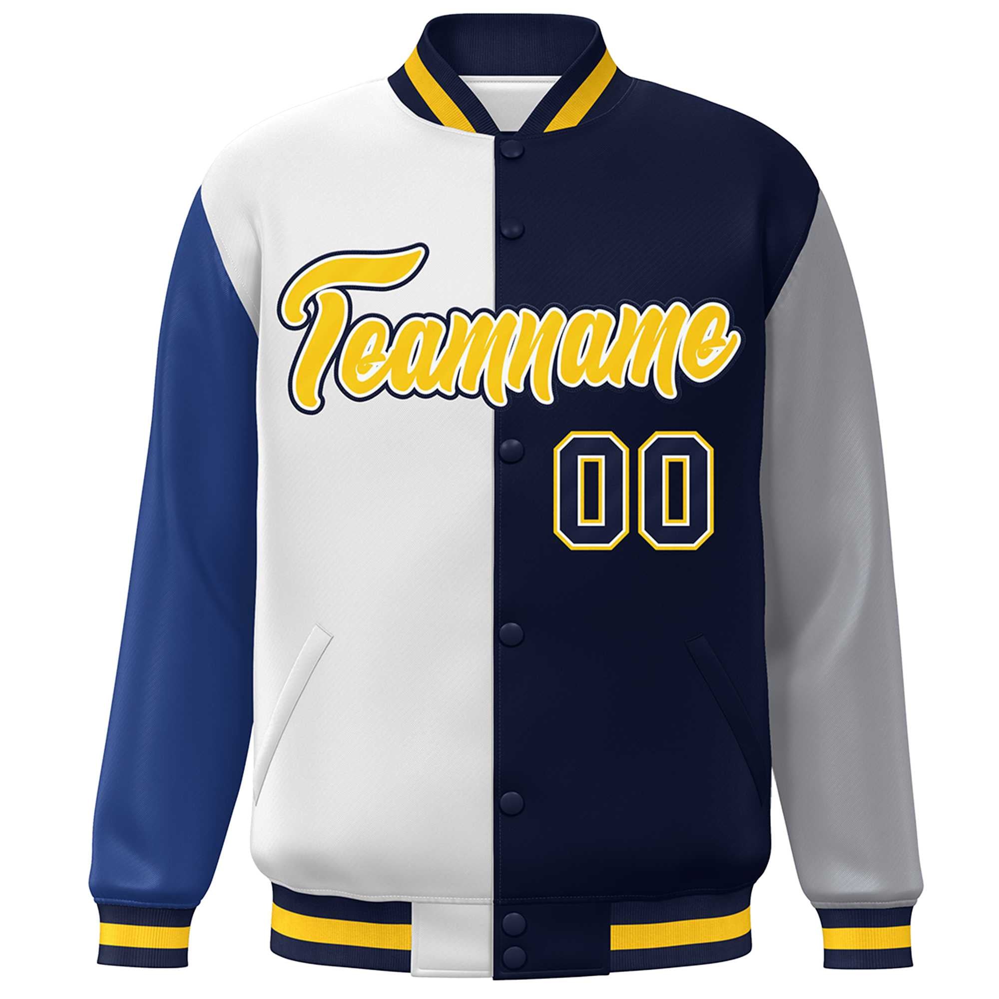 Custom Royal White Navy-Gray Color Block Bomber Varsity Full-Snap Baseball Jacket