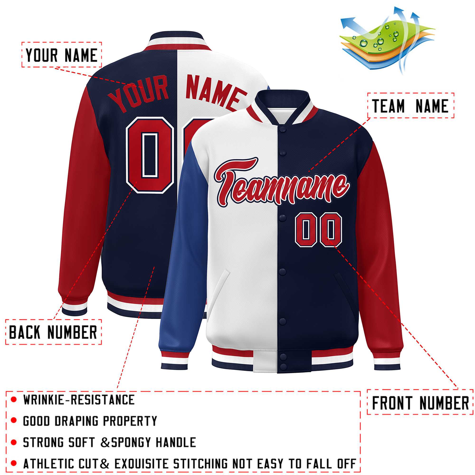 Custom Royal White Navy-Red Color Block Bomber Varsity Full-Snap Baseball Jacket