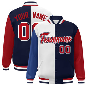 Custom Royal White Navy-Red Color Block Bomber Varsity Full-Snap Baseball Jacket