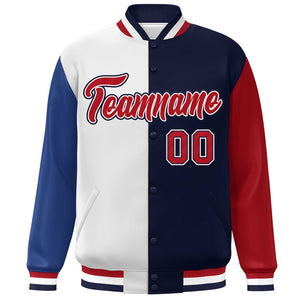 Custom Royal White Navy-Red Color Block Bomber Varsity Full-Snap Baseball Jacket