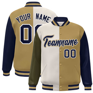 Custom Olive Khaki Old Gold-Navy Color Block Bomber Varsity Full-Snap Baseball Jacket