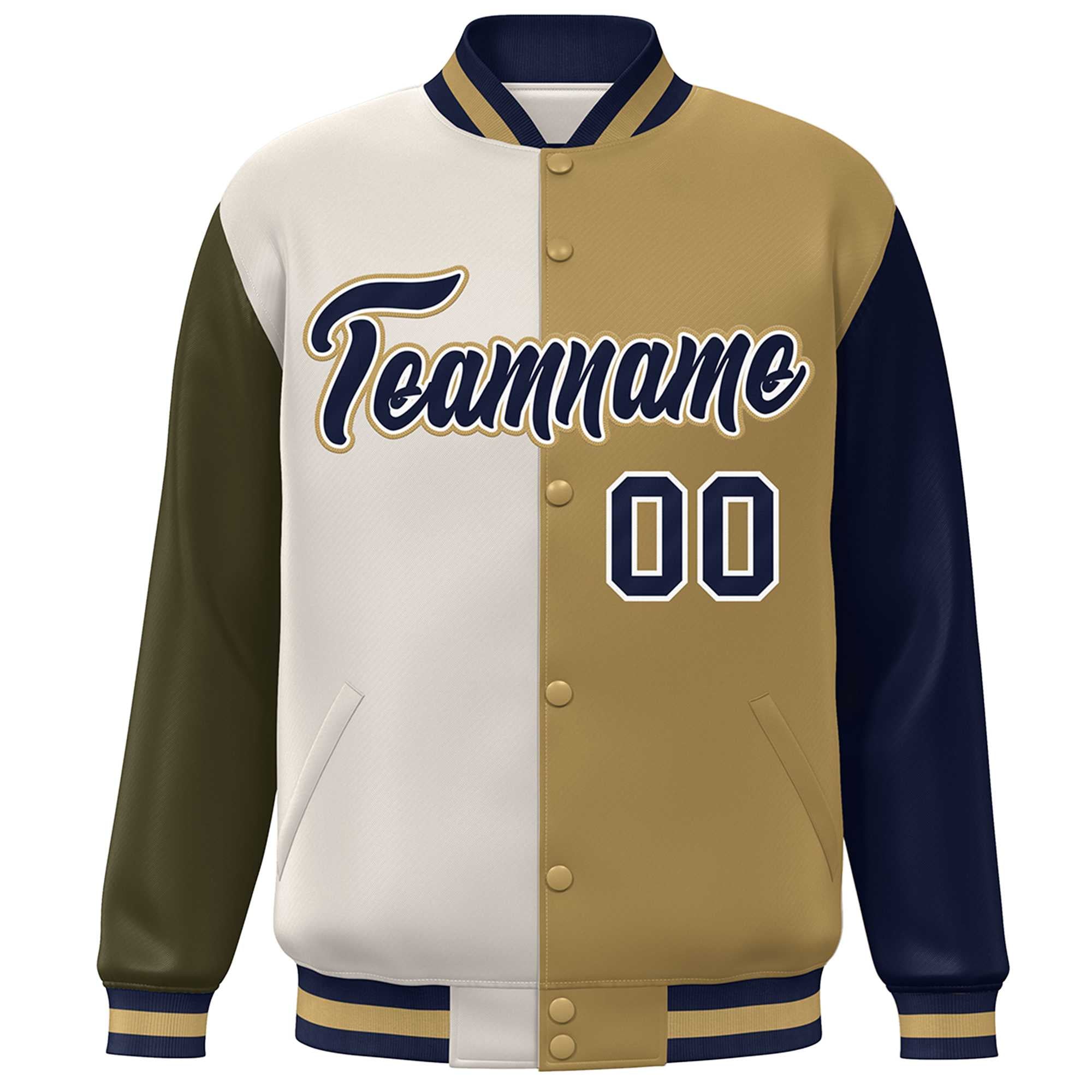 Custom Olive Khaki Old Gold-Navy Color Block Bomber Varsity Full-Snap Baseball Jacket