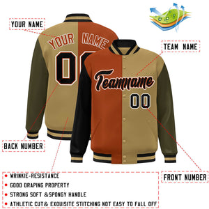 Custom Black Texas Orange Old Gold-Olive Color Block Bomber Varsity Full-Snap Baseball Jacket