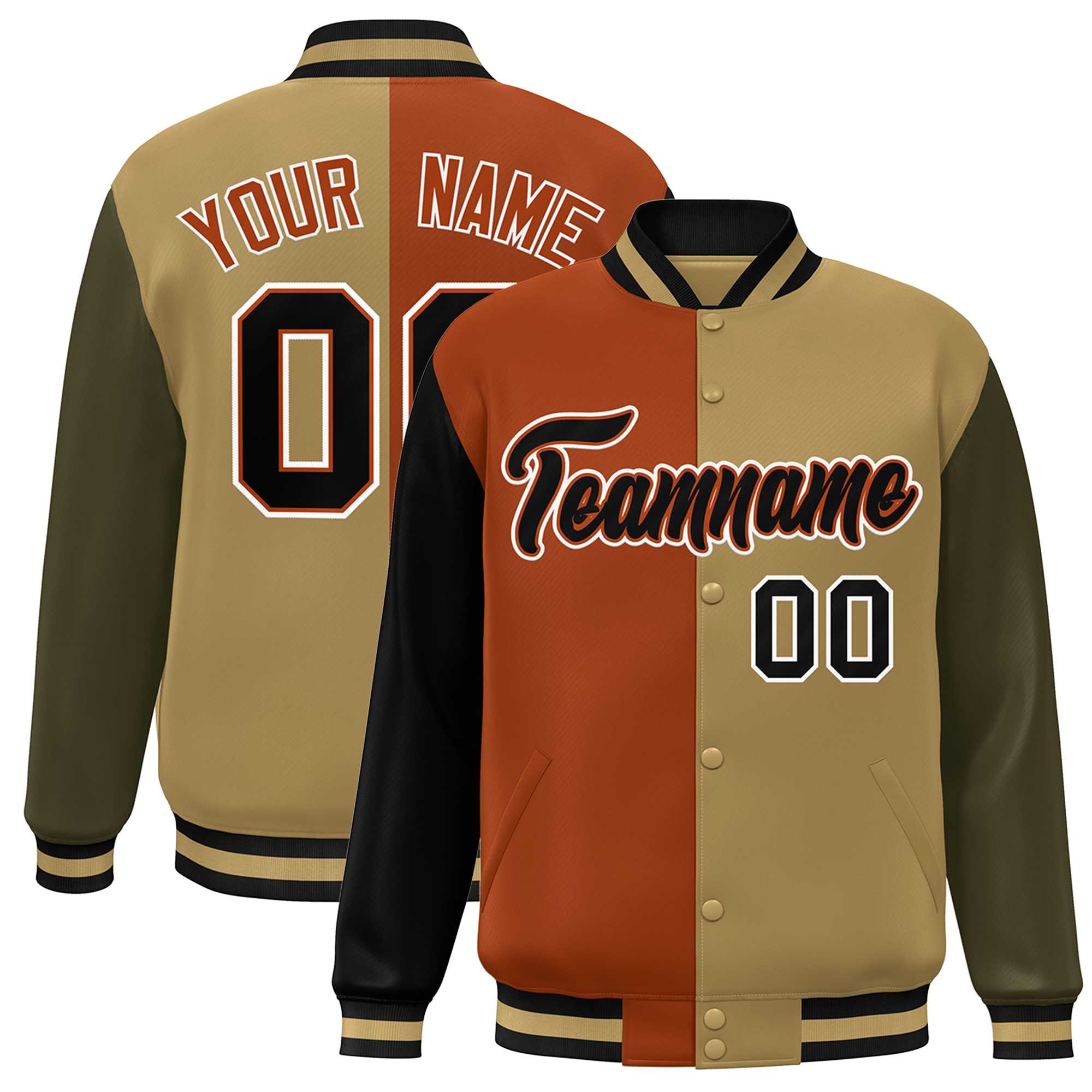 Custom Black Texas Orange Old Gold-Olive Color Block Bomber Varsity Full-Snap Baseball Jacket