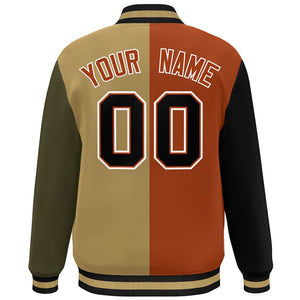 Custom Black Texas Orange Old Gold-Olive Color Block Bomber Varsity Full-Snap Baseball Jacket