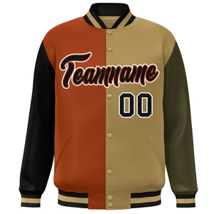 Custom Black Texas Orange Old Gold-Olive Color Block Bomber Varsity Full-Snap Baseball Jacket