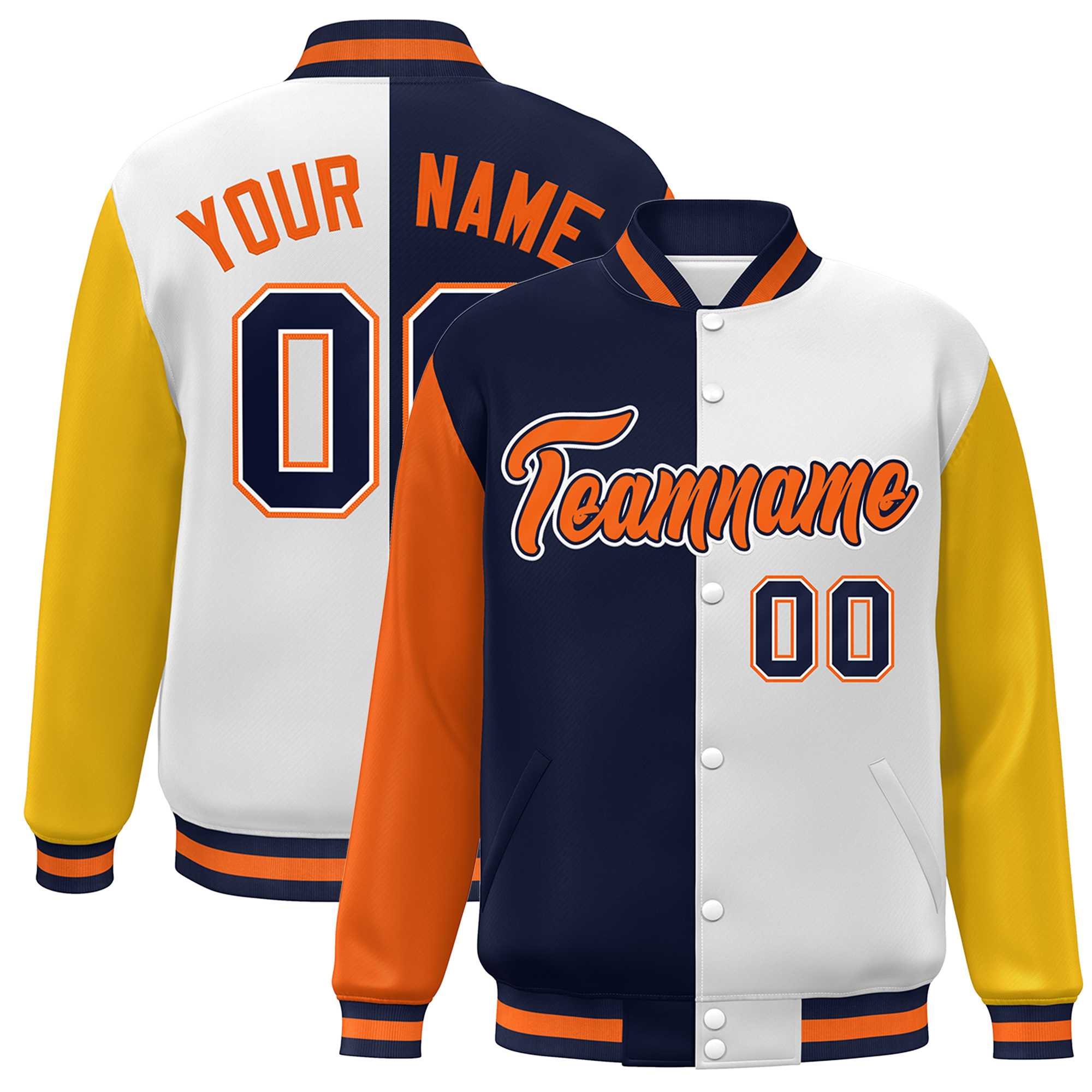 Custom Orange Navy White-Gold Color Block Bomber Varsity Full-Snap Baseball Jacket