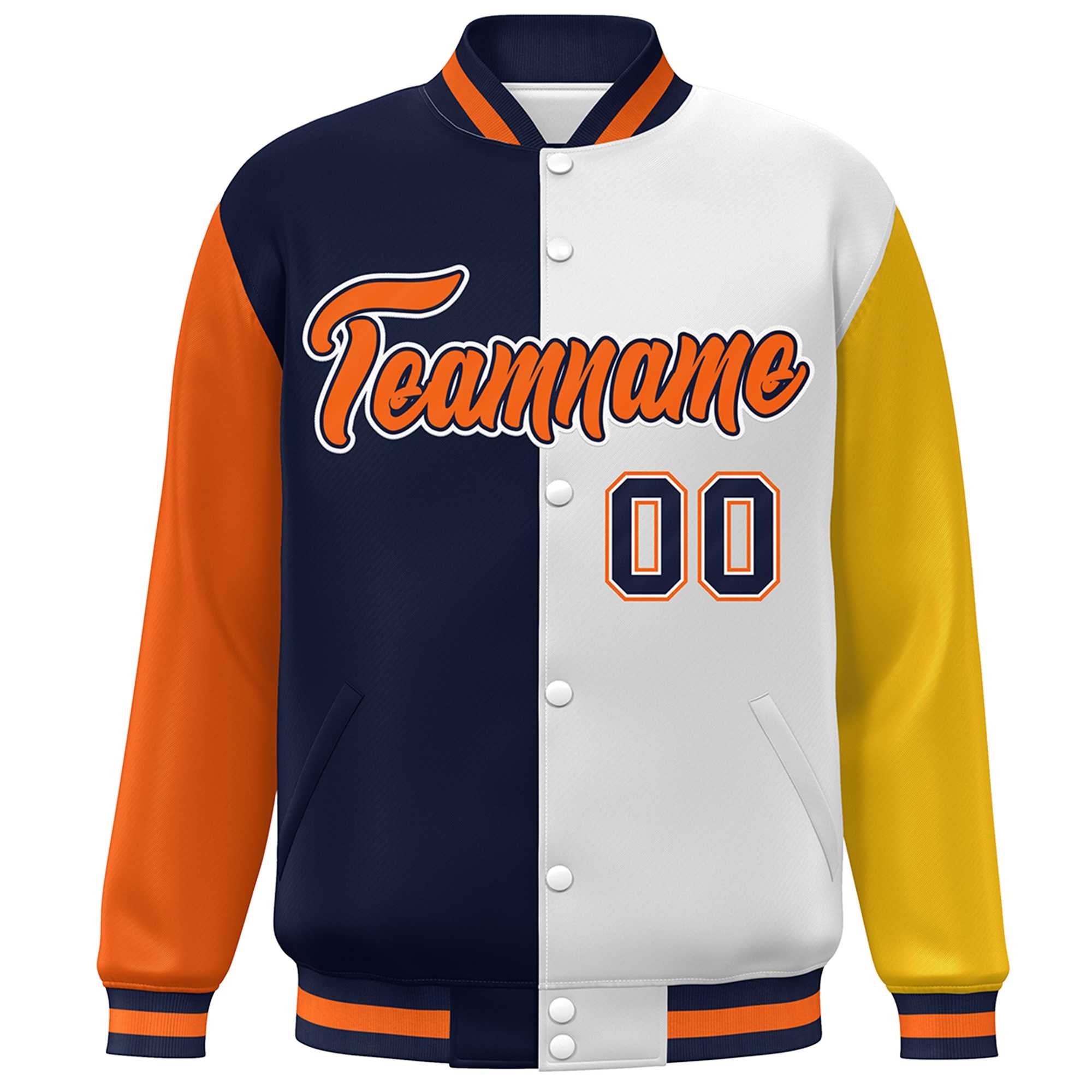 Custom Orange Navy White-Gold Color Block Bomber Varsity Full-Snap Baseball Jacket