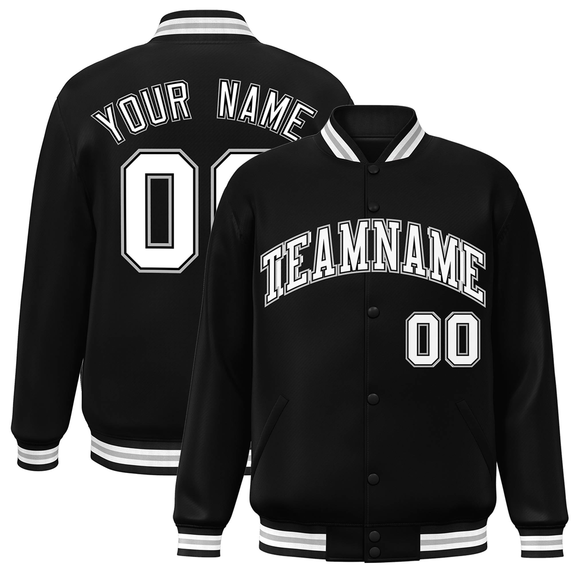 Custom Black White-Gray Letterman Classic Style Full-Snap Bomber Jacket