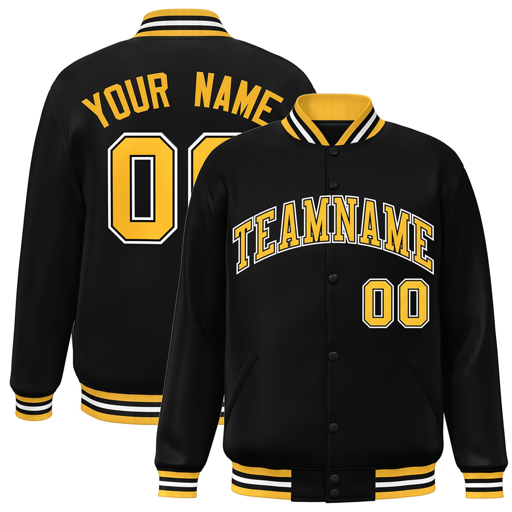 Custom Black Gold-White Letterman Classic Style Varsity Full-Snap Varsity Jacket for Teams